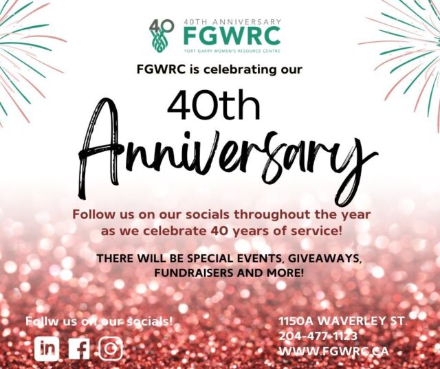 We are turning FORTY!
.
Follow us on our socials throughout the year as we celebrate 40 years of service! 
.
There will be:  Special Events, Giveaways, Fundraisers and More! 
.
Like us on Facebook: www.facebook.com/fgwrc 
Follow us on Instagram: @fgwrc
Connect with us on Linkedin: https://www.linkedin.com/company/34614030/ 
.
#fgwrc #fgwrcis40 #40andfabulous #support #women #children #community #celebration #specialevents