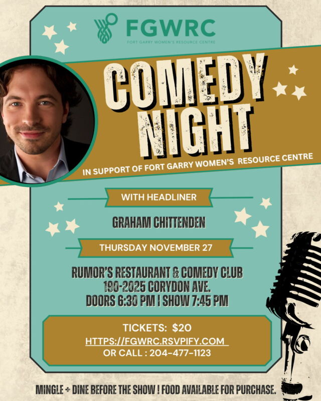 Looking for a fun holiday night out or a meaningful gift? 

A $20 ticket to our @rumorscomedy Comedy Night is a wonderful way to treat yourself and give back this season.

This isn’t just a night of laughs — every ticket sold helps support women, gender-diverse people, and families in our community.

Holiday bonus: If we sell 120+ tickets, we’ll add a 50/50 draw!

Make it a festive night out with friends — and know that your ticket is making a real difference.

Only 1 week left! Don’t wait — seats are limited, and you won’t want to miss this! 
Visit our link in the bio to purchase!

#FGWRC #FGWRCComedyNight #WinnipegEvents #LaughterForACause #WinnipegFundraiser #GiveBackMB #CommunityCare #Support #Women #GenderDiversePeople #Children