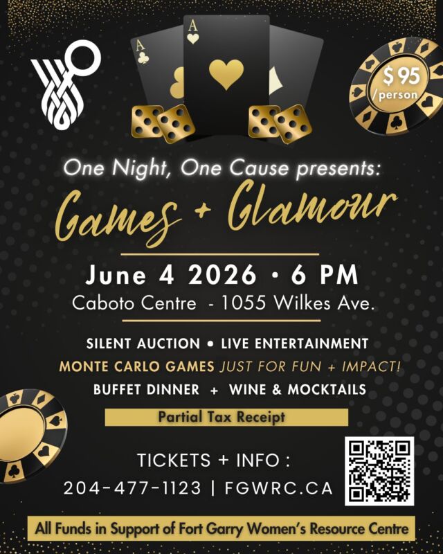 ✨ June 4th is getting closer… and it’s going to be something special ✨

Step into an unforgettable evening of games, glamour, and giving back. From the moment you arrive, you’ll be part of a night filled with energy, connection, and meaningful impact.

📍 @cabotocentre (1055 Wilkes Ave)

🍽️ A delicious dinner
🎭 Live entertainment (including an aerial performance by @monicasdanzgym !)
🎲 Monte Carlo–style games by @amazing_entertainment_agency 
🖼️ Interactive experiences like @robo.portraits 
📸 Photo booth, audio guestbook + more
🎁 A silent auction featuring amazing local finds, unique experiences, and so much more still to come 👀

💛 Every ticket supports women, gender-diverse individuals, and children in our community—helping provide safety, dignity, and hope when it’s needed most.

👀 In the coming weeks, we’ll be giving you a glimpse of what’s in store as we put the finishing touches on an exciting lineup of games and experiences. Whether you’re here for the fun, the connection, or the cause, every moment is designed to create a meaningful impact.

⏳ Don’t wait—this is the kind of night people talk about long after it’s over.

🎟️ Get your tickets:
• Online: Link in Bio!
• By phone
• In person at 1150-A Waverley Street 

#FGWRC #FGWRCOneNightOneCause #GamesAndGlamour #Fundraiser #Gala #Food #Sorrentos #Buffet #Drinks #Wine #Mocktails #MBLL #SilentAuction #LiveEntertainment #MonteCarloGames #AerialPerformance #RoboPortraitDrawings #MirrorPhotoBooth #AudioGuestbook #Community #CabotoCentre #Support #Women #Children #GenderDiversePeople #EveryoneIsWelcome #ThingsToDoInWinnipeg #WinnipegEvents #WinnipegCharity #GiveBack