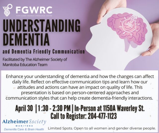🧠 Understanding Dementia & Dementia-Friendly Communication

Enhance your understanding of dementia and how changes can impact daily life. This informative session will explore effective communication strategies and highlight how our attitudes and actions can shape the quality of life.

Grounded in person-centered approaches, this presentation will offer practical tools to help create more supportive, dementia-friendly interactions.

📅 April 30
🕐 1:30 – 2:30 PM
📍 In-person at 1150A Waverley St.
📞 Call to register: 204-477-1123

Facilitated by the Alzheimer Society of Manitoba Education Team.

Join us for a meaningful conversation that builds awareness, compassion, and connection. 💙 Spots are limited.

#FGWRC #FGWRCWorkshop #DementiaAwareness #DementiaFriendly #AlzheimersSocietyMB #CaregiverSupport #CommunityEducation #HealthyAging #CommunicationMatters #CommunityLearning