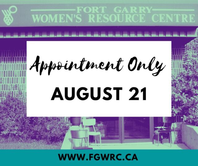 Fort Garry Women’s Resource Centre will be closed to walk-in visitors on Friday, August 21, and will be available by appointment only.

We will resume regular office hours on Monday, August 24, at 9:00 AM.

💬 If you require support while we are closed, please visit the Resources section of our website for helpful information and services: Link in Bio!

#FGWRC #Closure