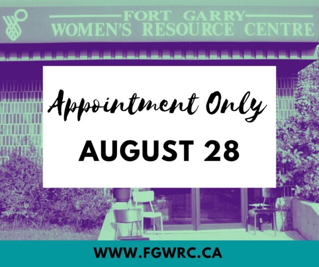 Fort Garry Women’s Resource Centre will be closed to walk-in visitors on Friday, August 28, and will be available by appointment only.

We will resume regular office hours on Monday, August 31, at 9:00 AM.

💬 If you require support while we are closed, please visit the Resources section of our website for helpful information and services: Link in Bio!

#FGWRC #Closure